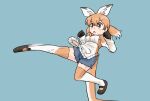  1girl apron blush brown_eyes brown_footwear brown_gloves brown_shirt brown_thighhighs cutoff_jeans cutoffs denim denim_shorts extra_ears frilled_apron frills gloves gradient_legwear gravi_pig4891 hair_between_eyes highres kangaroo_ears kangaroo_girl kangaroo_tail kemono_friends kicking light_brown_hair long_sleeves mary_janes midair multicolored_hair open_mouth red_kangaroo_(kemono_friends) shirt shoes short_hair short_shorts short_twintails shorts sidelocks solo thighhighs twintails two-tone_shirt white_apron white_hair white_shirt white_thighhighs zettai_ryouiki 