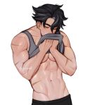  1boy absurdres artist_name bara bare_pectorals black_hair black_pants closed_eyes clothes_lift genshin_impact grey_hair grey_tank_top highres large_pectorals male_focus muscular muscular_male navel pants pectorals scar scar_on_arm short_hair simple_background sippycupart solo tank_top white_background wriothesley_(genshin_impact) 