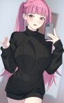  1girl alternate_costume black_sweater blunt_bangs blurry blurry_background breasts cable_knit cellphone cowboy_shot dress entogman fire_emblem fire_emblem:_three_houses highres hilda_valentine_goneril holding holding_phone indoors large_breasts long_hair long_sleeves open_mouth phone pink_eyes pink_hair ribbed_sweater sleeves_past_wrists smartphone solo sweater sweater_dress teeth turtleneck turtleneck_sweater twintails upper_teeth_only 