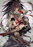  1boy amputee angry bandaged_neck bandages black_hair blood blood_on_face blood_splatter bloody_clothes bloody_weapon dororo_(tezuka) glowing glowing_eye grey_eyes hair_over_one_eye highres hyakkimaru_(dororo) japanese_clothes kazuki_yone kimono long_hair looking_at_viewer off_shoulder ponytail prosthesis prosthetic_arm solo sword torn_clothes weapon 
