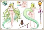  1girl absurdres ahoge arm_at_side bare_arms bare_legs barefoot bikini breasts character_name color_guide commission dragon_girl dragon_horns dragon_tail facing_away from_behind full_body garam_(ryeoubi) gourd green_hair green_horns green_tail hair_between_eyes hair_bun hair_ribbon head_out_of_frame highres holding holding_staff horn_ornament horns incredibly_absurdres korean_text large_breasts long_hair looking_at_viewer micro_bikini multiple_views navel oohhya open_mouth original pointy_ears purple_ribbon red_eyes reference_sheet ribbon second-party_source side-tie_bikini_bottom sideboob single_hair_bun smoking_pipe soles staff standing swimsuit tail tassel tears teeth thighhighs tiptoes toes translated upper_teeth_only very_long_hair white_background white_bikini yellow_gemstone 