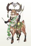  1girl :3 absurdres animal_ears antler_ornament antlers arrow_(projectile) black_gloves black_tank_top bow_(weapon) breasts brown_fur brown_hair centauroid closed_mouth commentary_request crop_top dated deer_antlers deer_ears deer_girl deer_tail ds_desha earrings facial_mark full_body gloves green_eyes hair_between_eyes highres holding holding_arrow holding_bow_(weapon) holding_weapon hooves horizontal_pupils horns jewelry korean_commentary leg_warmers long_hair looking_at_viewer medium_breasts midriff monster_girl multiple_legs original ponytail shirt signature simple_background single_sleeve solo standing tail tank_top taur thick_eyebrows vambraces weapon white_background white_shirt 