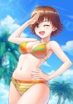  1girl bikini blue_sky breasts brown_eyes brown_hair chinese_commentary cleavage clothes_writing cloud commentary_request cowboy_shot day front-tie_top hand_on_hip honda_mio idolmaster idolmaster_cinderella_girls lens_flare looking_at_viewer medium_breasts orange_bikini outdoors palm_tree short_hair sky smile solo swimsuit tree xi_wan_de_xigua_p 