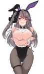  1girl :d absurdres animal_ears arm_support arms_under_breasts azur_lane bare_shoulders black_leotard blush breast_rest breasts breasts_out brown_hair commentary_request covered_navel hair_ornament hairclip highres large_breasts leotard long_hair looking_at_viewer mikuchi3939 no_bra pamiat_merkuria_(azur_lane) pantyhose pink_eyes rabbit_ears side_ponytail smile smug solo underboob very_long_hair wrist_cuffs x_hair_ornament 