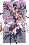  2girls angel_and_devil angel_wings angewomon bare_shoulders bat_(animal) black_bodysuit black_footwear blonde_hair bodysuit breasts chain chained clothing_cutout collarbone colored_skin commentary_request covered_eyes digimon eye_mask feathered_wings futa_yuri_ryona grey_background grey_hair grey_skin head_wings helmet helmet_over_eyes high_heels highres hip_vent holding_hands ladydevimon large_breasts long_hair multiple_girls o-ring red_eyes restrained ribbon simple_background smirk stomach_cutout white_background wings yuri 