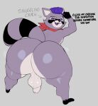 anthro big_butt black_body black_fur butt clothing dialogue fur grey_background hat headgear headwear hi_res indigo_park inkgoat jiggling_butt male mammal multicolored_body multicolored_fur open_mouth presenting presenting_hindquarters procyonid purple_body purple_eyes purple_fur raccoon rambley_(indigo_park) scarf short_stack simple_background slightly_chubby smile solo teeth text thick_thighs wide_hips
