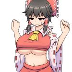  1girl ascot black_hair bow breasts cleavage detached_sleeves frilled_bow frilled_hair_tubes frills hair_bow hair_tubes hakurei_reimu huge_breasts kigan&#039;eiji navel red_bow red_eyes ribbon ribbon-trimmed_sleeves ribbon_trim short_hair skirt solo sweatdrop touhou underboob undersized_clothes 