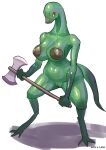 anthro areola axe big_breasts breasts brown_areola brown_nipples female genitals green_body green_scales hi_res holding_axe holding_object holding_weapon joliv lizard looking_at_viewer nipples nude pussy red_eyes reptile scales scalie simple_background solo thick_thighs weapon white_background wide_hips yellow_sclera