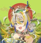  1girl :d arknights bare_shoulders blonde_hair blue_hair blue_horns chinese_commentary colored_skin commentary_request dragon_girl dragon_horns earrings eyes_visible_through_hair floating_hair green_background green_eyes green_hair grey_eyes grey_hair hair_between_eyes hair_intakes hand_in_own_hair hand_up highres horns jewelry lang097532_(clanking) long_hair long_sleeves looking_at_viewer multicolored_hair necklace open_mouth pointy_ears portrait shu_(arknights) smile solo teeth upper_teeth_only white_horns yellow_horns 