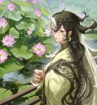  1boy ashiya_douman_(fate) asymmetrical_hair black_hair closed_mouth curly_hair earrings english_commentary fate/grand_order fate_(series) fence fingernails flower green_kimono green_nails grey_eyes hair_between_eyes hand_up highres japanese_clothes jewelry kimono lily_pad looking_at_viewer looking_back magatama magatama_earrings male_focus multicolored_hair nail_polish outdoors pink_flower pond ripples sharp_fingernails smile solo split-color_hair upper_body water water_lily_flower white_hair zuraa_(naunau_seijin) 