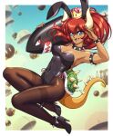  1girl animal_ears black_footwear black_leotard black_nails blue_eyes bob-omb bowsette bracelet breasts brown_pantyhose bullet_bill cleavage collar covered_navel dark-skinned_female dark_skin fake_animal_ears fang high_heels highres jewelry large_breasts leotard long_hair looking_at_viewer mario_(series) new_super_mario_bros._u_deluxe open_mouth pantyhose playboy_bunny pointy_ears ponytail rabbit_ears red_hair sirknightbot smile solo spiked_bracelet spiked_collar spikes super_crown tail thighband_pantyhose 