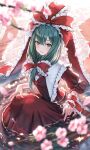  1girl absurdres arm_ribbon bow dress frilled_bow frilled_dress frills green_eyes green_hair highres kagiyama_hina looking_at_viewer puffy_short_sleeves puffy_sleeves red_bow red_ribbon ribbon short_sleeves smile solo torinari_(dtvisu) touhou 