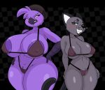 2024 anthro areola areola_slip avian beak beanie beat_banger big_breasts bikini bird breasts bulging_breasts bunfan_games camel_toe cathy_smith clenched_teeth clothing collarbone crotch_tuft domestic_cat duo eyebrows eyelashes felid feline felis female fur glistening glistening_breasts grey_body grey_eyes grey_fur grin hands_on_hips hat headgear headwear huge_breasts mammal nipple_outline purple_body smile sprigatitoartz swimwear teeth thick_thighs tuft wide_hips zoe_monroe