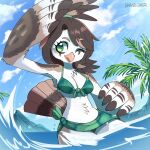 anthro avian beak bikini bird breasts brown_hair clothed clothing cloud day drawligator feathered_wings feathers female front_view green_eyes hair hi_res midriff outside partially_clothed partially_submerged sky solo standing_in_water swimwear tail tail_feathers winged_arms wings