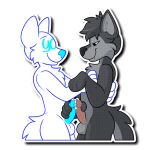 1:1 alpha_channel anthro balls bodily_fluids canid canine canis duo erection frottage fur genital_fluids genitals grey_body grey_fur male male/male mammal nowandlater penile penis precum sex sticker tail telegram_sticker wolf ych_(character) zach_the_wolf