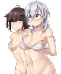  2girls absurdres arms_behind_back bangs bare_shoulders blush breasts brown_eyes brown_hair closed_mouth collarbone commentary_request covering covering_breasts eyebrows_visible_through_hair grey_eyes grey_hair groin hair_between_eyes hair_flaps hatsuzuki_(kantai_collection) highres holding kantai_collection kiritto looking_at_another medium_breasts multiple_girls navel simple_background standing suzutsuki_(kantai_collection) sweatdrop undressing upper_body white_background 
