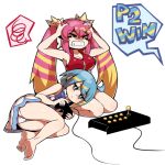  &gt;_&lt; 2girls barefoot blue_hair breasts cleavage clenched_teeth closed_eyes controller diti_(selecta) duel_monster feet hands_on_own_head holding holding_controller ki-sikil_(yu-gi-oh!) lap_pillow large_breasts lil-la_(yu-gi-oh!) live_twin_ki-sikil live_twin_lil-la long_hair medium_hair multiple_girls nail panties pink_hair purple_eyes seiza simple_background sitting soles spoken_squiggle squiggle teeth toes twintails underwear white_background white_panties yu-gi-oh! yuri 