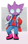 anthro blush bottomwear clothed clothing eyewear fully_clothed generation_3_pokemon gesture glasses hand_gesture humanoid jacket looking_at_viewer male middle_finger nintendo pants pokemon pokemon_(species) purple_body sableye simple_background solo spiral_eyes topwear union_jack yupa