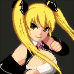  1girl absurdres black_ribbon black_sleeves blonde_hair breasts brown_eyes cleavage closed_mouth detached_sleeves dream_c_club dream_c_club_(series) grey_background hair_between_eyes hair_ribbon highres large_breasts long_hair mian_(dream_c_club) pepe_dcc pink_ribbon pixel_art ribbon smile solo twintails upper_body 