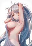  1girl antenna_hair arm_behind_head arm_up armpits azur_lane backless_dress backless_outfit bangs bare_back bare_shoulders blush breasts brown_eyes dress eyebrows_visible_through_hair grey_background hair_between_eyes halterneck highres large_breasts long_hair looking_at_viewer meme_attire multicolored_hair naked_sweater prinz_eugen_(azur_lane) red_hair ribbed_sweater ribbon sideboob silver_hair simple_background solo streaked_hair sweater sweater_dress turtleneck turtleneck_sweater two_side_up very_long_hair virgin_killer_sweater west_(vaem5527) 
