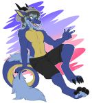  2017 anthro asian_mythology barefoot blue_fur bottomwear citrinelle clothed clothing digital_media_(artwork) dragon east_asian_mythology eastern_dragon eyewear fur furred_dragon glasses male mythology shorts simple_background smile solo topless yellow_eyes 