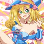  1girl bare_shoulders blonde_hair blue_headwear blush_stickers breasts choker cleavage daiichi_(1279220) dark_magician_girl duel_monster green_eyes hair_between_eyes hat highres large_breasts long_hair looking_at_viewer open_mouth pentacle smile solo staff star_(symbol) wizard_hat yu-gi-oh! 