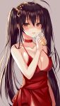  1girl absurdres ahoge alcohol azur_lane black_hair blush breasts champagne champagne_flute choker cleavage collarbone cup dress drink drinking_glass eyebrows_visible_through_hair grey_background highres large_breasts long_hair looking_at_viewer open_mouth red_choker red_dress red_eyes shaffelli simple_background sleeveless sleeveless_dress solo taihou_(azur_lane) taihou_(forbidden_feast)_(azur_lane) twintails 