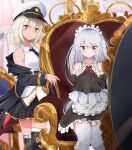  2girls azur_lane chair coat commission cosplay costume_switch enterprise_(azur_lane) enterprise_(azur_lane)_(cosplay) enterprise_(hms)_(azur_lane) enterprise_(hms)_(azur_lane)_(cosplay) glasses hat maid multiple_girls name_connection peaked_cap pixiv_commission sitting thighhighs toro_yurei 