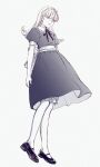  1girl alice_(megami_tensei) bloomers collared_dress dress expressionless full_body greyscale hairband highres looking_down machihazure mary_janes monochrome neck_ribbon puffy_sleeves ribbon shin_megami_tensei shoes simple_background solo 