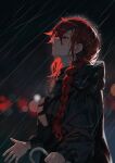  1girl absurdres black_jacket blurry blurry_background braid earrings from_side hair_over_shoulder highres holding holding_umbrella hood jacket jewelry looking_up maenoo night original rain red_hair single_braid solo umbrella wet wet_hair 