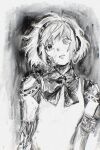  1girl aegis_(persona) android bow bowtie bruise greyscale hairband highres injury joints looking_to_the_side machihazure monochrome parted_lips persona persona_3 robot_joints sketch solo upper_body 