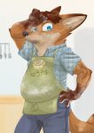  2019 akiric anthro apron blue_eyes canid canine cheek_tuft clothed clothing dipstick_ears dipstick_tail dirty disney elbow_tufts english_text flour fox gideon_grey gloves_(marking) hand_on_head hand_on_hip hi_res looking_at_viewer male mammal markings multicolored_ears multicolored_tail neck_tuft red_fox solo standing text tuft zootopia 