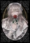 1girl covering_own_mouth dress flower grey_dress grey_eyes grey_hair grey_headwear highres holding holding_flower long_hair looking_at_viewer machihazure original portrait red_flower red_rose rose solo upper_body 