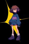  1other black_background blue_shorts blue_sweater brown_footwear brown_hair closed_eyes closed_mouth facing_viewer frisk_(undertale) full_body genkai_poteto highres loafers long_sleeves medium_hair shoes shorts simple_background socks solo standing sweater undertale white_socks 