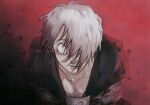  1boy bags_under_eyes black_kimono blurry chain collarbone depth_of_field gegege_no_kitarou grey_hair hair_over_one_eye highres japanese_clothes kimono kitarou_tanjou:_gegege_no_nazo looking_at_viewer male_focus medama_oyaji_(human) messy_hair parted_lips pectorals red_background short_hair signature small_pupils solo sub_45 