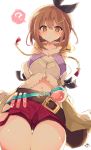  1girl :o ? arms_behind_back atelier_(series) atelier_ryza blush brown_hair collarbone eye_contact from_below hair_between_eyes hair_ornament hairpin highres looking_at_another looking_at_viewer looking_down muuran navel potion reisalin_stout shorts simple_background solo thigh_gap thighs white_background 