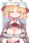  1girl black_bra blonde_hair blue_background blush bra breasts cleavage closed_mouth commentary hat highres large_breasts long_sleeves maribel_hearn massakasama mob_cap short_hair solo touhou underwear upper_body white_headwear yellow_eyes 
