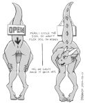 anthro anus bent_over butt claws digitigrade dogwash english_text female genitals greyscale horn inviting kobold monochrome nude presenting presenting_hindquarters profanity pussy raised_tail rear_view scalie sign solo tail text