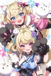  2girls absurdres animal_ear_fluff animal_ears animal_hands black_collar black_sash blonde_hair blue_eyes blue_hair blue_kimono blush breasts collar colored_inner_animal_ears commentary dog_ears dog_girl dog_paws dog_tail floral_print_kimono flower fumi_(fumibeing) fuwawa_abyssgard fuwawa_abyssgard_(new_year) hair_flower hair_ornament highres hololive hololive_english japanese_clothes kimono large_breasts long_hair looking_at_viewer mococo_abyssgard mococo_abyssgard_(new_year) multicolored_hair multiple_girls official_alternate_costume open_mouth paw_print perroccino_(fuwamoco) pink_eyes pink_hair pink_kimono ponytail sash siblings sideless_kimono sisters sleeveless sleeveless_kimono spiked_collar spikes streaked_hair tail twins virtual_youtuber 