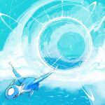  blue_sky cloud cloudy_sky flying highres horizon latios motion_lines no_humans ocean outdoors pokemon pokemon_(creature) ragia scenery sky sonic_boom_(speed) sparkle 