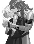  2girls absurdres closed_eyes commentary_request crying crying_with_eyes_open gloves grey_hair gundam gundam_suisei_no_majo highres hug hug_from_behind jacket jumpsuit korean_commentary long_hair long_sleeves miorine_rembran monochrome multiple_girls open_mouth parted_lips smile snapagi spacesuit suletta_mercury tears thick_eyebrows upper_body yuri 