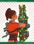  1girl absurdres animification apex_legends blush brown_eyes brown_hair dark-skinned_female dark_skin earrings elbow_pads from_side gatling_gun gun hair_behind_ear highres hugging_object jewelry jumpsuit merry_christmas minigun orange_jumpsuit polka_dot polka_dot_background rampart_(apex_legends) red_lips ritomidi sheila_(minigun) side_ponytail smile solo star_(symbol) weapon 