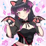  1girl :p animal_ears black_gloves black_hair black_nails blunt_bangs breasts cat_ears claw_pose cleavage daiichi_(1279220) demon_wings fur-trimmed_gloves fur_trim gloves gradient_hair highres idolmaster idolmaster_shiny_colors light_blush long_hair looking_at_viewer mayuzumi_fuyuko medium_breasts multicolored_hair navel official_alternate_costume pink_hair short_sleeves solo tongue tongue_out two-tone_hair two-tone_ribbon wings 