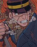  1boy angry clenched_teeth dagger eye_trail golden_kamuy hat highres holding holding_dagger holding_knife holding_weapon kepi knife light_trail looking_to_the_side male_focus military_hat mouth_trail puff_of_air red_eyes scar scar_on_cheek scar_on_face scar_on_nose serious short_hair solo speed_lines sugimoto_saichi teeth tege_(tege_xxx) weapon 
