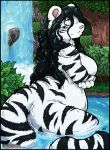  2019 anthro black_hair blue_eyes breasts featureless_breasts felid female fur hair leucistic looking_at_viewer mammal nude o-kemono pantherine partially_submerged pink_nose pregnant solo striped_fur stripes tiger 