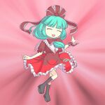  1girl arm_ribbon black_footwear bow chibi closed_eyes dress frilled_bow frilled_dress frilled_ribbon frills front_ponytail full_body green_hair hair_bow hair_ribbon kagiyama_hina mario_(makoto) open_mouth red_bow red_ribbon ribbon smile solo too_many too_many_frills touhou 