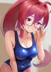  1girl adjusting_eyewear ahoge bespectacled blurry blurry_background blush breasts cleavage dorachan_r glasses hair_ribbon highres i-168_(kancolle) indoors kantai_collection long_hair looking_at_viewer medium_breasts ponytail red-framed_eyewear red_hair ribbon school_swimsuit school_uniform semi-rimless_eyewear serafuku smile solo swimsuit 