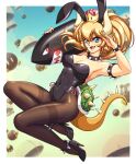  1girl animal_ears black_footwear black_leotard black_nails blonde_hair blue_eyes bob-omb bowsette bracelet breasts brown_pantyhose bullet_bill cleavage collar covered_navel fake_animal_ears fang high_heels highres jewelry large_breasts leotard long_hair looking_at_viewer mario_(series) new_super_mario_bros._u_deluxe open_mouth pantyhose playboy_bunny pointy_ears ponytail rabbit_ears sirknightbot smile solo spiked_bracelet spiked_collar spikes super_crown tail thighband_pantyhose 