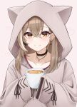  1girl absurdres animal_hood berry black_choker brown_eyes brown_hair brown_hoodie choker earrings ears_through_headwear food-themed_earrings grin highres hololive hololive_english hood hood_up hoodie jewelry long_hair looking_at_viewer mintz912 multicolored_hair nanashi_mumei nanashi_mumei_(casual) necklace official_alternate_costume red_sweater runes sleeves_past_wrists smile solo streaked_hair sweater virtual_youtuber 