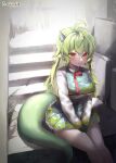  1girl :3 absurdres ahoge bare_legs between_legs blush breasts closed_mouth commission dragon_girl dragon_horns dragon_tail dress frilled_dress frills garam_(ryeoubi) green_dress green_horns green_tail hair_between_eyes hand_between_legs highres horns korean_commentary large_breasts light_smile long_hair long_sleeves looking_at_viewer multicolored_clothes multicolored_dress original pointy_ears red_eyes red_ribbon ribbon second-party_source sitting small_horns solo stairs stone_stairs sukiyaki_kinoko tail white_dress 